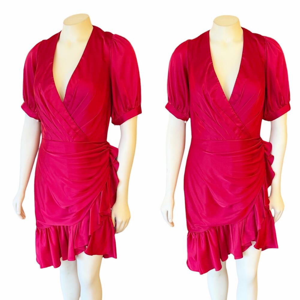 Mac Duggal Puff Short Sleeve Faux Wrap Mini Dress Red NWT Sz 8